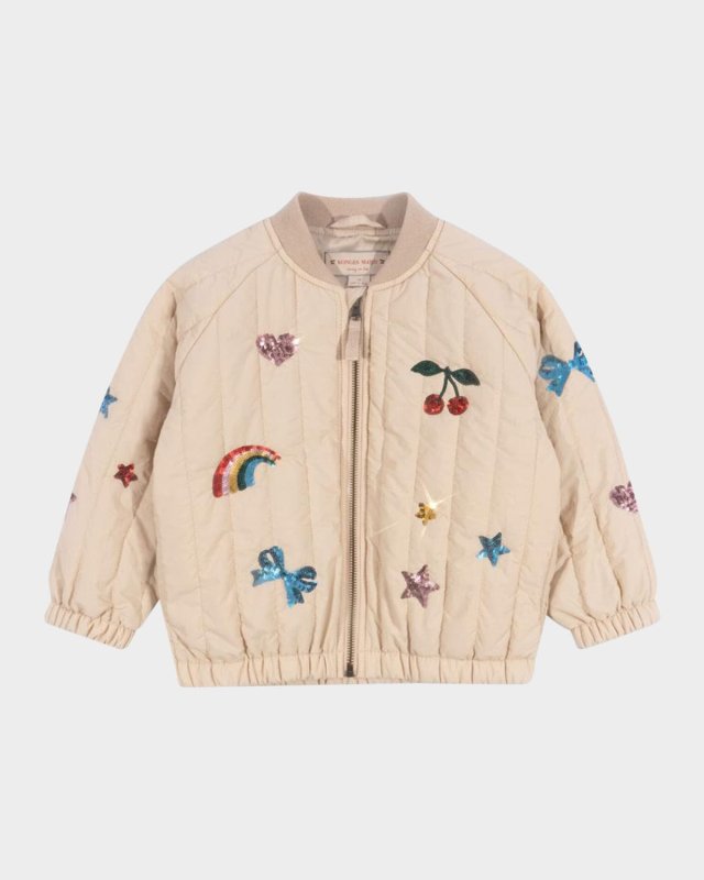 Girl's Juno Sequined Scattered Patches Bomber Jacket, Size 9M-10